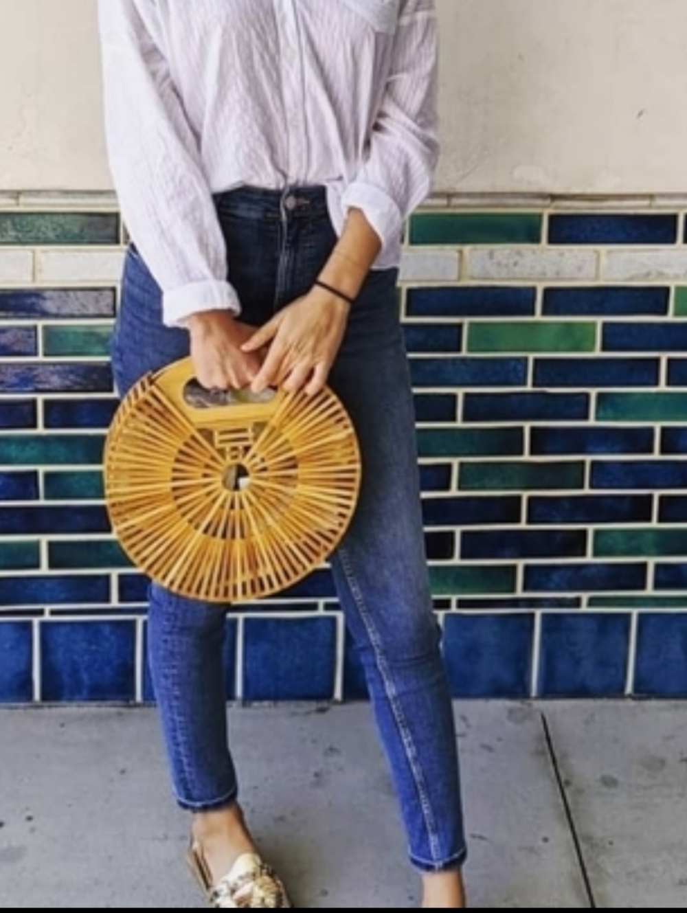 Like New Bohemian Summer Aodara Wooden Bamboo Circle Basket Bag